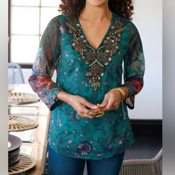 Soft Surroundings Beaurie beaded boho blouse & tank top women’s size small - Picture 1 of 9